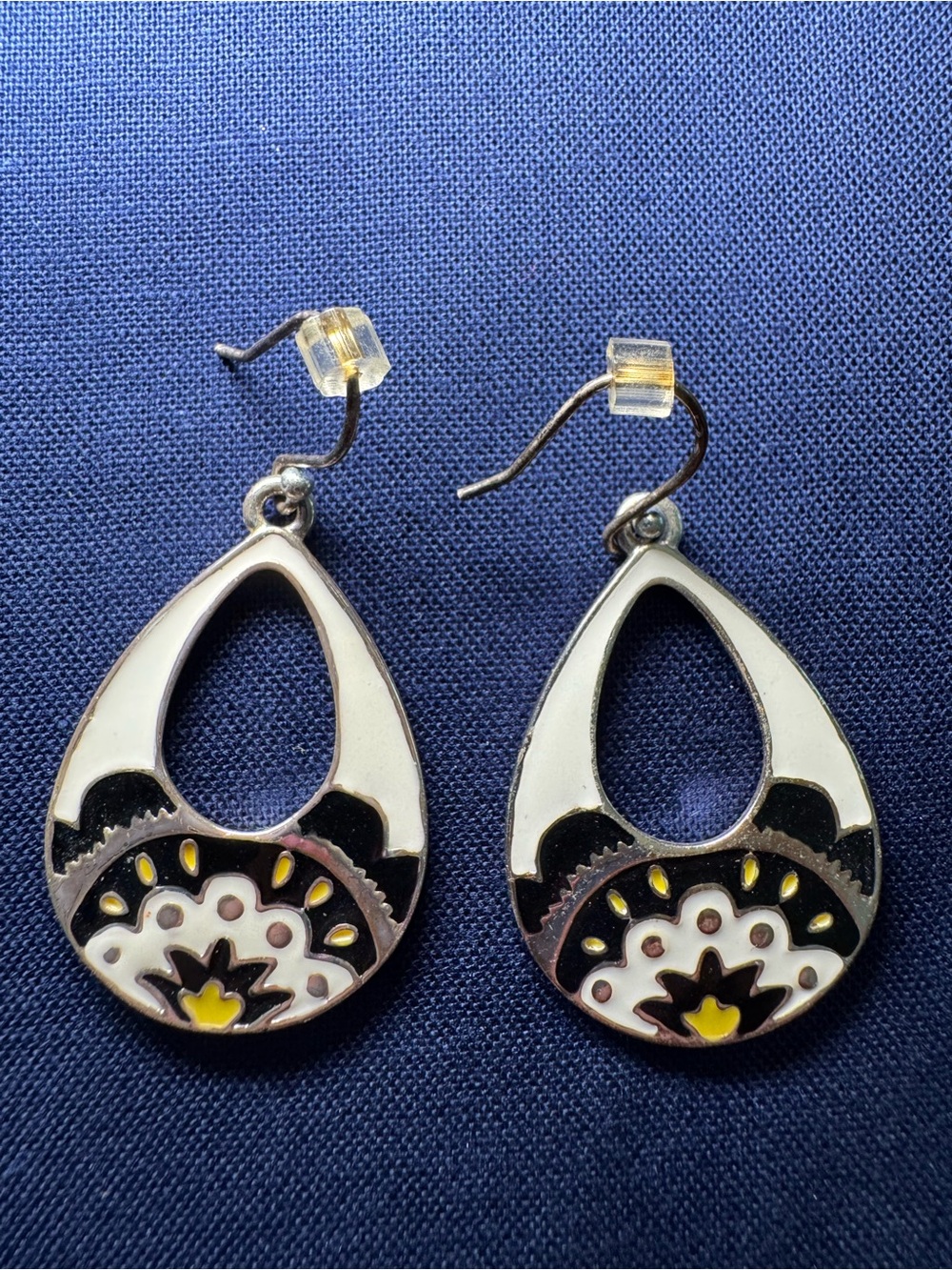 Vera Bradley White, Black & Yellow Teardrop Enamel Dangle Earrings